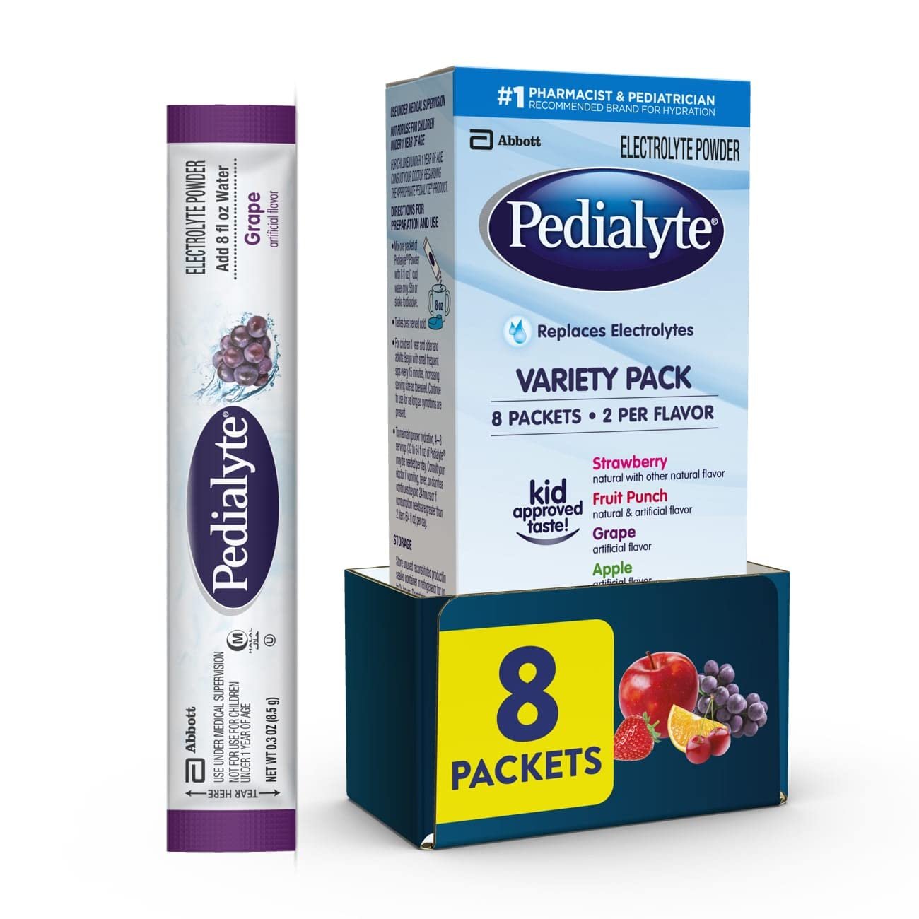 61ounNFnyXL._SL1300_ Pedialyte Electrolyte Powder Packets, On-the-Go Hydration Variety Pack-8ct - Image 1