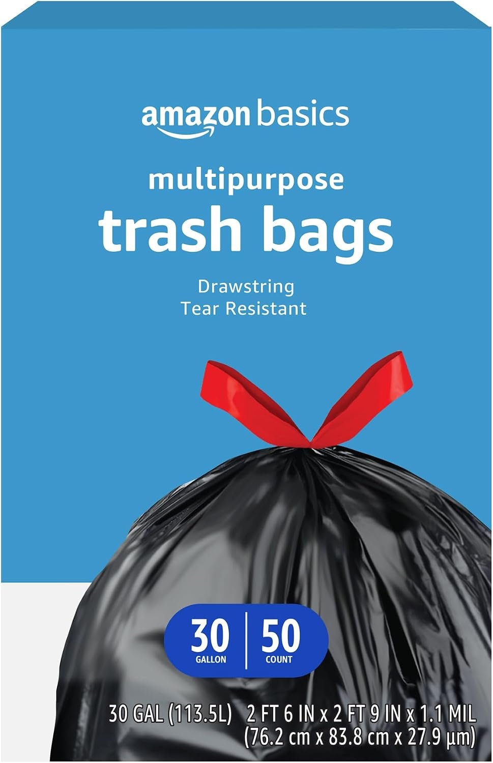 61qIU1rRB7L._AC_SL1500_ Amazon Basics Multipurpose Drawstring Trash Bags, 30 Gallon Capacity, Tear Resistant, 50 Count (Previously Solimo) - Image 1
