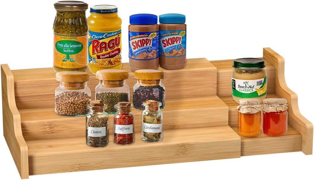 61wXF1fV0RL._AC_SL1100_ Spice Rack Kitchen Cabinet Organizer- 3 Tier Bamboo Expandable Display Shelf Yellow - Image 1