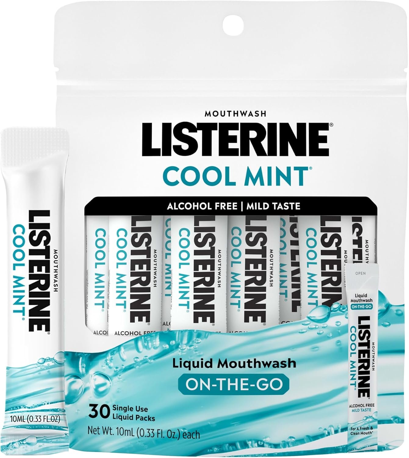 711H6VjSUML._AC_SL1500_ Listerine Alcohol Free Mouthwash Packets, Cool Mint, 0.33 fl. oz, 30 Pack - Image 1