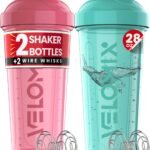 VELOMIX 2 Pack 28oz Protein Shaker Bottle for Protein Mixes, Pink/Turquoise