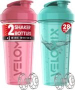 VELOMIX 2 Pack 28oz Protein Shaker Bottle for Protein Mixes, Pink/Turquoise