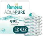 Pampers Aqua Pure Baby Wipes, Unscented, Fragrance Free, 99% Water, Water Based, Multi-Use, 672 Wipes Total (12X Flip-Top Packs)
