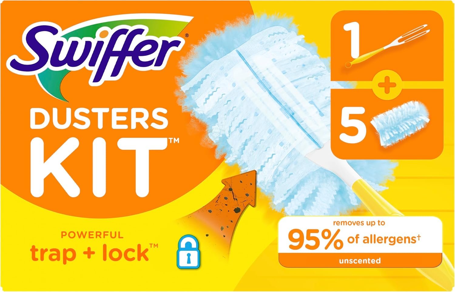 716Tt2B8OuL._AC_SL1500_ Swiffer Dusters Starter Kit, Kit Includes 1 Handle and 5 Dusters - Image 1