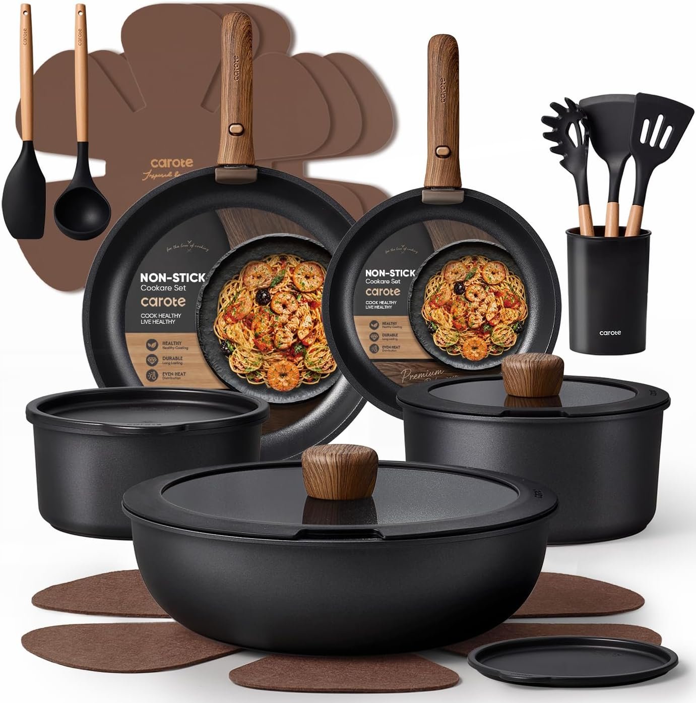 719iqR-lC1L._AC_SL1400_ CAROTE 21pcs Pots and Pans Set Non Stick, Detachable Handle Cookware, Black - Image 1