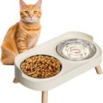 Elevated Cat Bowl, Raised Cat Food and Water Bowl Set for Indoor Cats, Splash Proof with 2 Stainless Steel Pet Food Bowls for Cats and Puppies, Whisker Fatigue and Dishwasher Safe - White