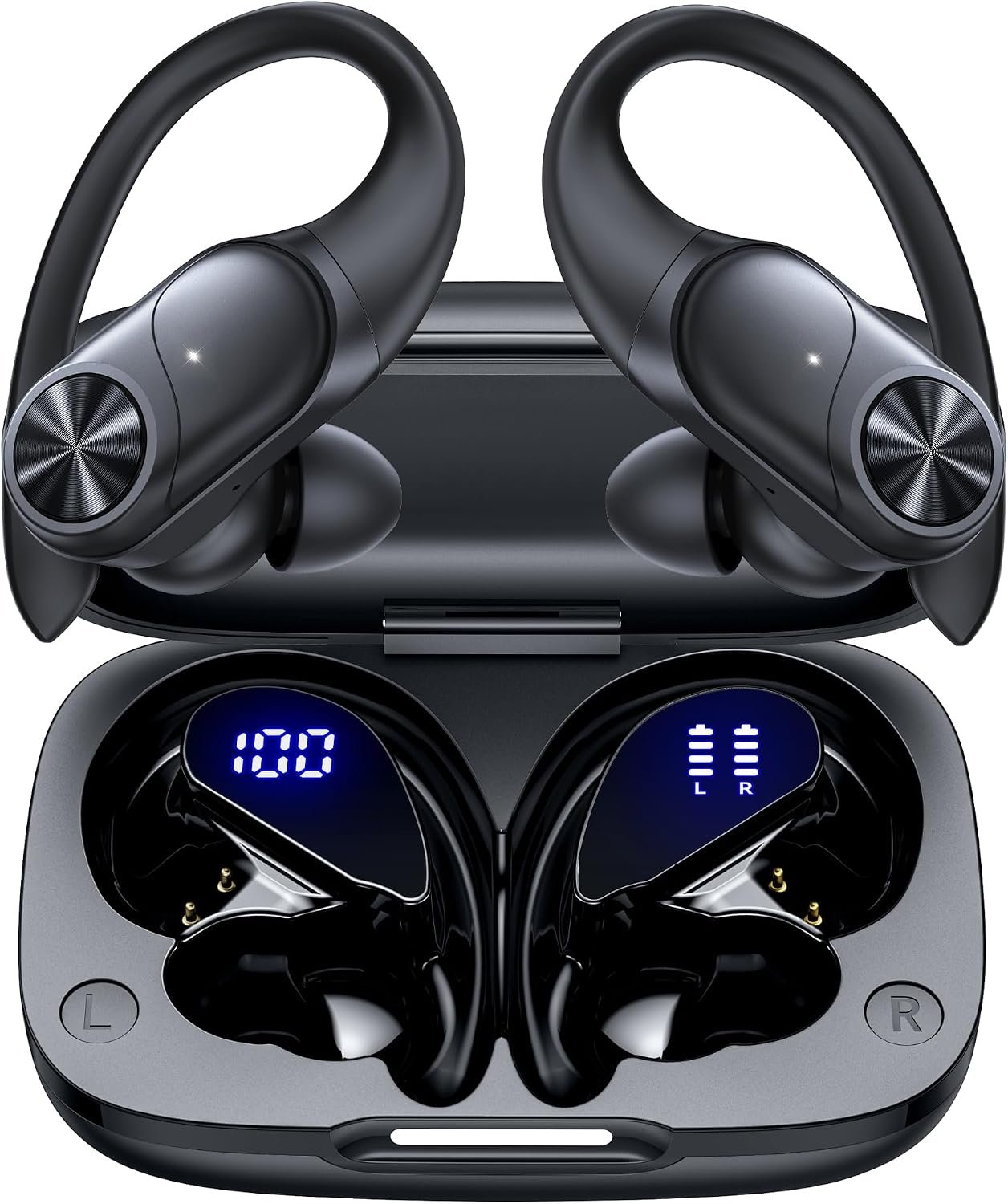 71G9a1iSpHL._AC_SL1500_ PocBuds Bluetooth Headphones Wireless Earbuds 80hrs Playtime Wireless Charging Case Digital Display Sports Ear Buds with Earhook Deep Bass IPX7 Waterproof Over-Ear Earphones for TV Phone Laptop Black - Image 1