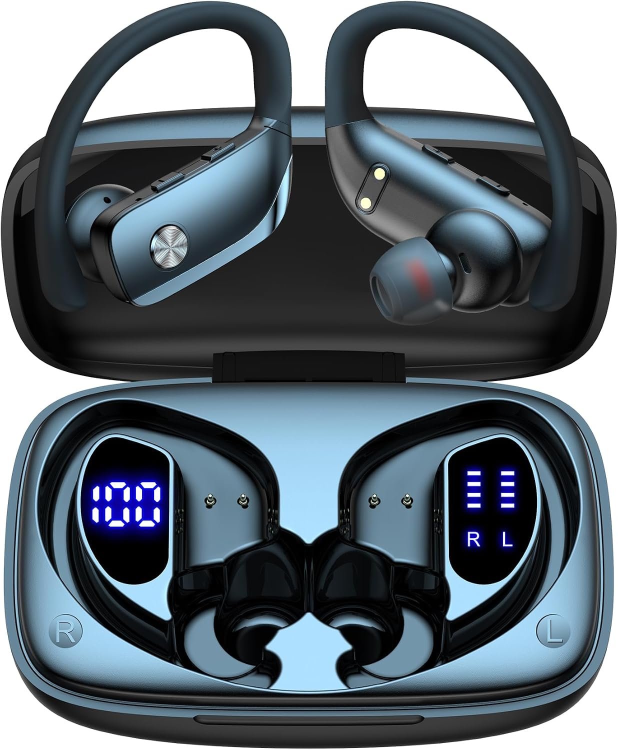 71GPFE2yHGL._AC_SL1500_ bmani Ear Buds Wireless Earbuds Bluetooth Headphones with 80H Playtime LED Display Case, Over-Ear Hook with Mic, Stereo Sound, Easy Button Controls, Sports Earphones for Running Workout Gym Black - Image 1