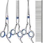 Professional 4 in 1 Dog & Cat Grooming Scissors Kit with Safety Round Tips,Sharp & Durable,Dog Shears for Grooming - Includes Straight, Curved, Thinning Scissors and Comb - Premium Pet Supplies