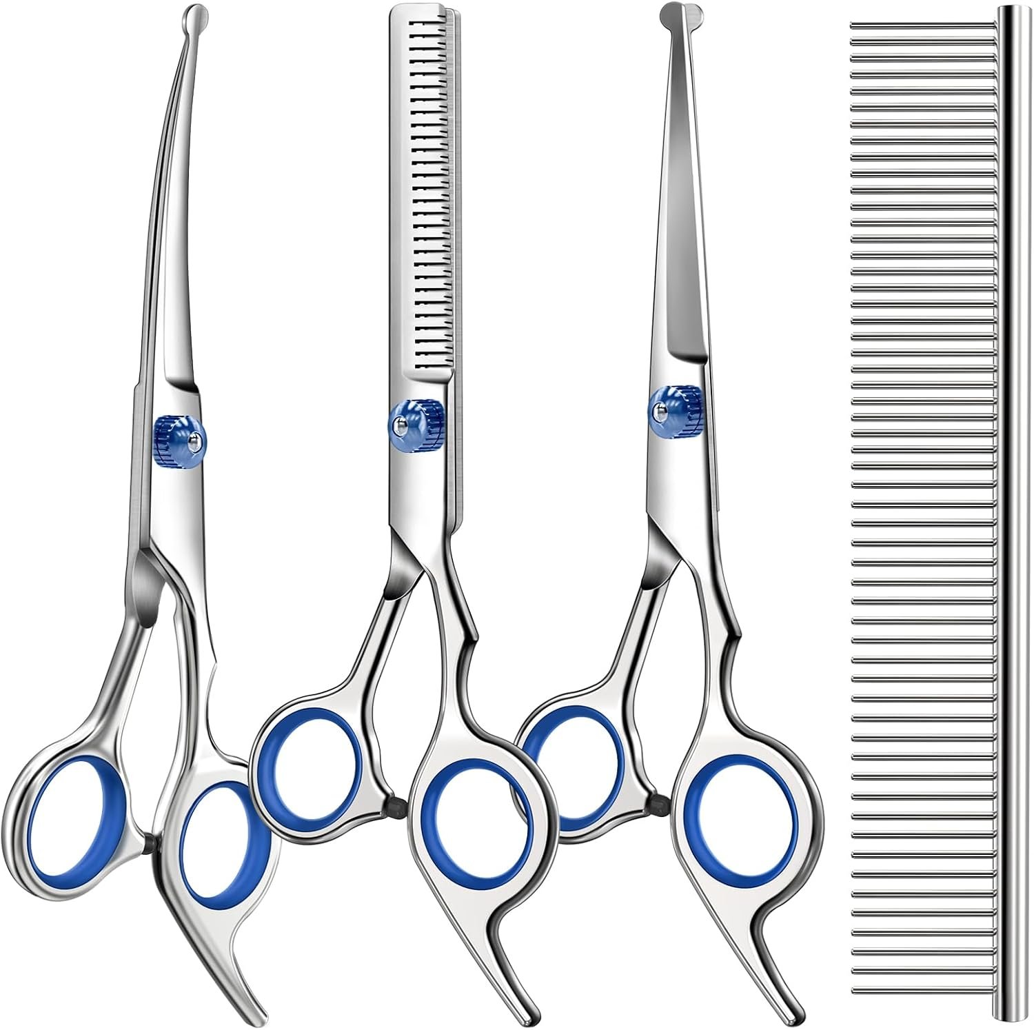 71Hcj2xqSjL._AC_SL1500_ Professional 4 in 1 Dog & Cat Grooming Scissors Kit with Safety Round Tips,Sharp & Durable,Dog Shears for Grooming - Includes Straight, Curved, Thinning Scissors and Comb - Premium Pet Supplies - Image 1