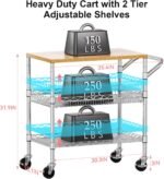 WDT 3 Tier Rolling Kitchen Carts with Wheels, Heavy Duty Rolling Utility Cart with Wood Tabletop, Commercial Grade Metal Cart with Handle and Hooks, NSF Storage Serving Island Carts, Light Wood+Metal - Image 4