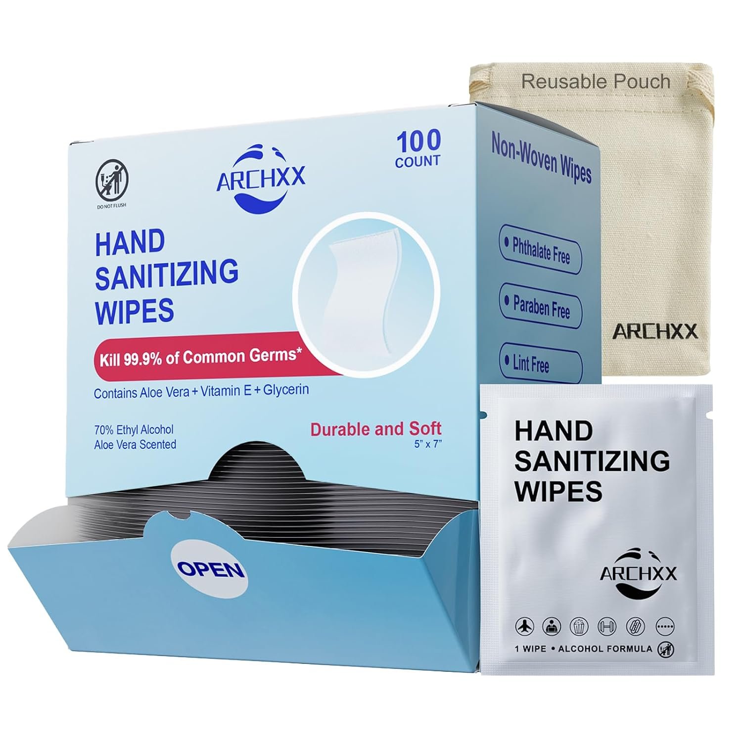 71LY7OJoayL._SL1500_ ARCHXX Cotton-Like Softness Hand Sanitizer Wipes, 100 Count, Antibacterial Hand Wipes Individually Wrapped, 70% Alcohol, Travel Size, Sanitizing for Home, Office & Outdoor, Aloe Vera Scent - Image 1