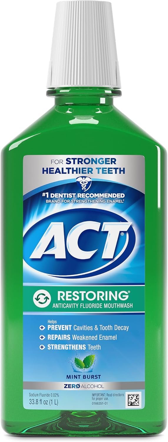 71Lbz60Q2ZL._AC_SL1500_ ACT Restoring Zero Alcohol Fluoride Mouthwash 33.8 fl. oz. Strengthens Tooth Enamel, Mint Burst - Image 1