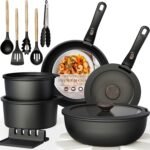 Astercook 21 Pcs Pots and Pans Set Non Stick, Ceramic Cookware Set Detachable Handle, RV Kitchen Cooking Set Removable Handles, Oven Safe, Induction Ready, Stackable, Black, Fathers Day Gift for Men