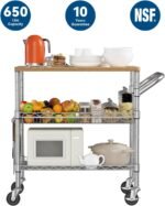 WDT 3 Tier Rolling Kitchen Carts with Wheels, Heavy Duty Rolling Utility Cart with Wood Tabletop, Commercial Grade Metal Cart with Handle and Hooks, NSF Storage Serving Island Carts, Light Wood+Metal - Image 3