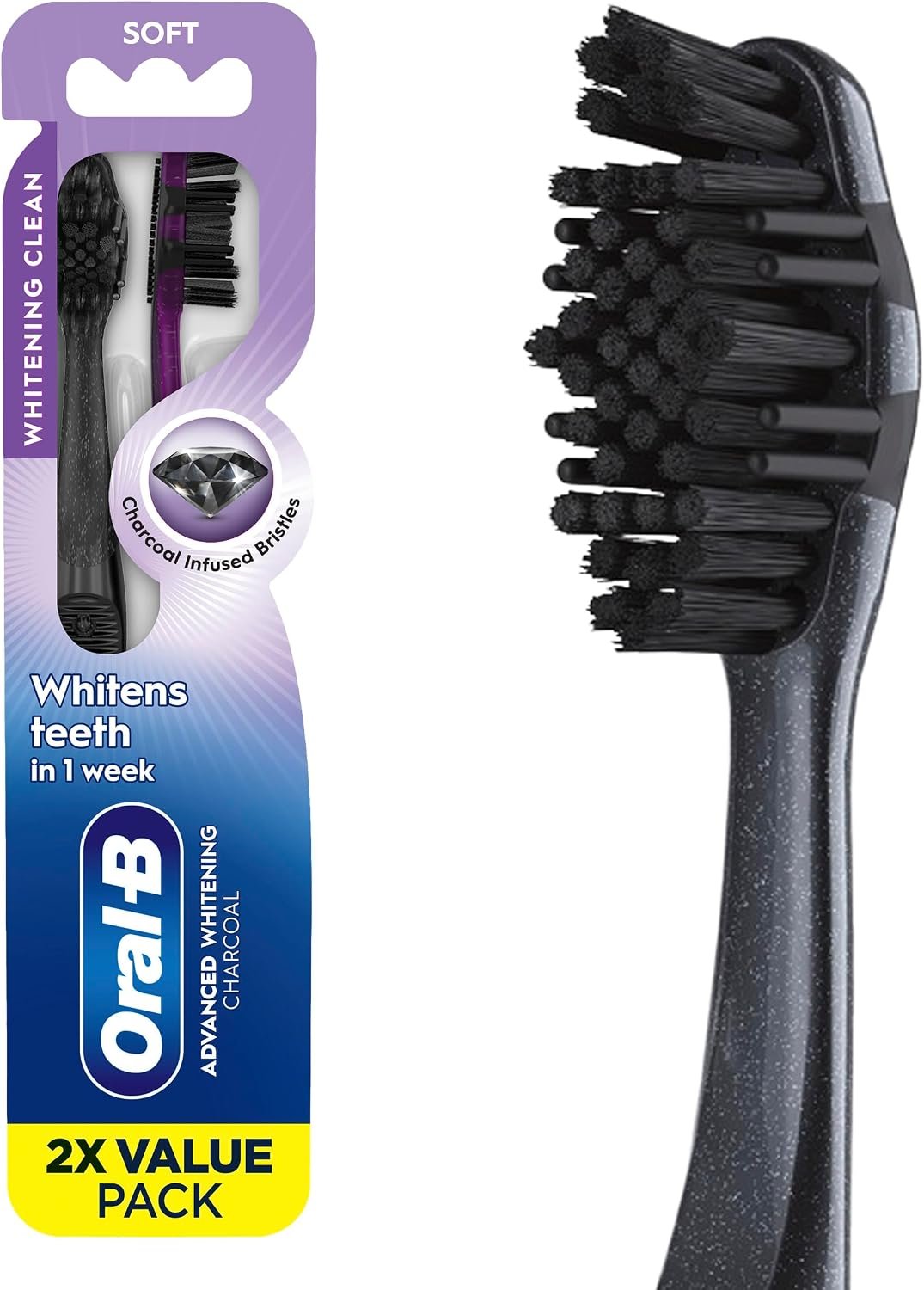 71SNxGAtLkL._AC_SL1500_ Oral-B 3D White Charcoal Toothbrush, 2 Count Soft Manual tootbrush Pack, Whitens Teeth, removes Plaque and Stains, Tongue Scraper Tooth Brush - Image 1