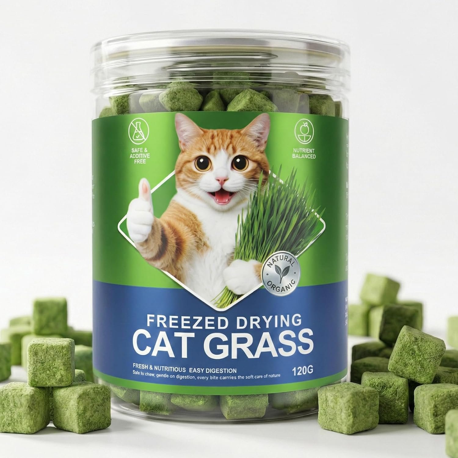 71YKUGw7AoL._AC_SL1500_ Freeze Dried Cat Grass Treats for Indoor Cats - Chicken & Wheatgrass Dice for Hairball Control & Dental Care, Grain Free High Protein Training Rewards, Digestive Support Cat Snacks (120g) - Image 1