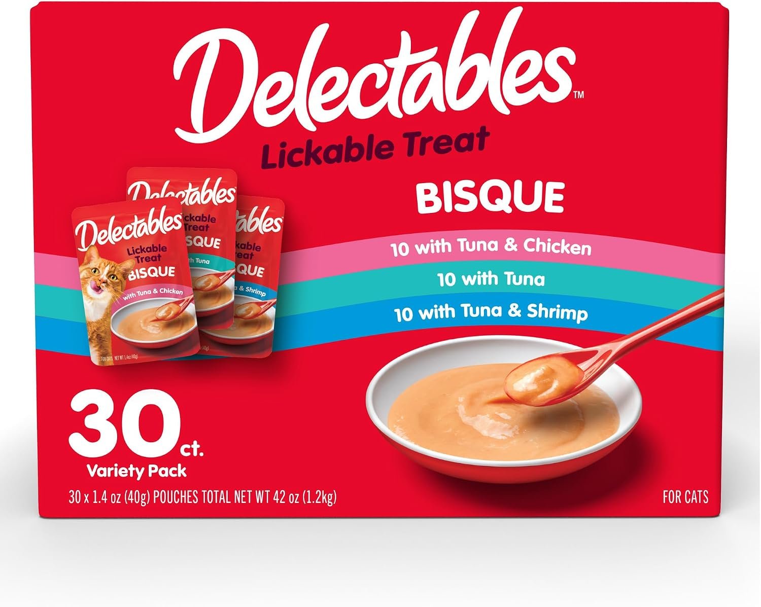 71YrHcTJlAL._AC_SL1500_ Delectables Lickable Treat Bisque Wet Cat Treat Variety Pack, Food Topper, Hydrating, Grain-Free, No Fillers, No By-Products, No Added Preservatives, 1.4oz Pouch, 30ct - Image 1