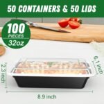50 Pack (100-Piece) 32 oz Meal Prep Containers with Easy Open Lids, Black - Image 2