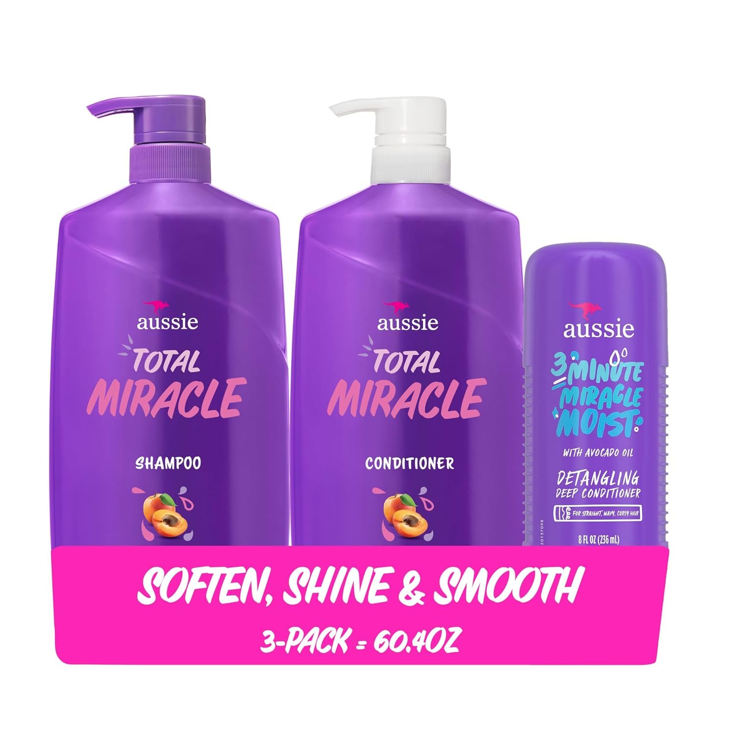 71ehMGWlb5L._SL1500_ Aussie Total Miracle Hair Care Bundle: Shampoo, Conditioner, and 3 Minute Deep Treatment with Apricot & Macadamia Oil, Paraben-Free for Damaged Hair, 26.2 & 8 Fl Oz - Image 1