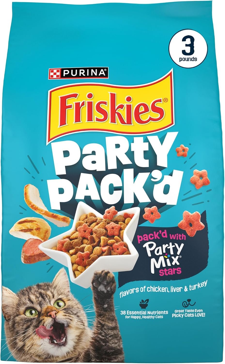 71i9QG5GU8L._AC_SL1500_ Friskies Purina Party Pack'd Crunchy Dry Cat Food, 3 lb Bag - Image 1