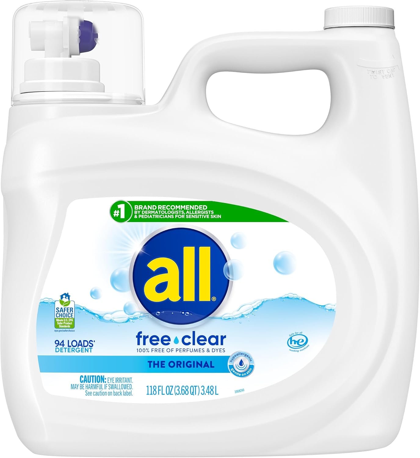 71iZGh9OuIL._AC_SL1500_ all Liquid Laundry Detergent Free Clear, Unscented, 118 Ounce, 94 Loads - Image 1