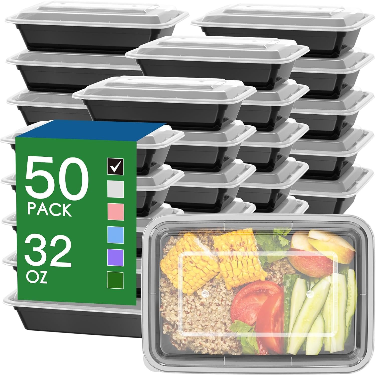 71j8KwQFGVL._AC_SL1500_ 50 Pack (100-Piece) 32 oz Meal Prep Containers with Easy Open Lids, Black - Image 1