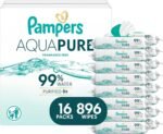 Pampers Aqua Pure Baby Wipes, Unscented, Fragrance Free, 99% Water, Water Based, Multi-Use, 896 Wipes Total (16X Flip-Top Packs)