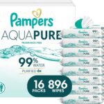 Pampers Aqua Pure Baby Wipes, Unscented, Fragrance Free, 99% Water, Water Based, Multi-Use, 896 Wipes Total (16X Flip-Top Packs)