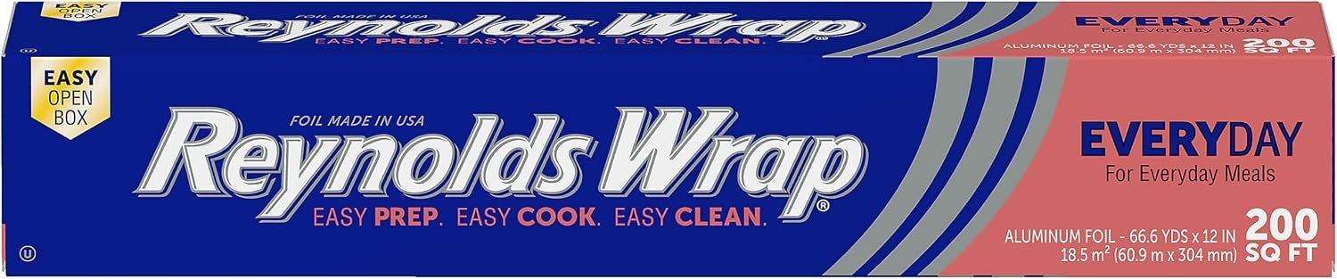 71kT47NFpNL._AC_SL1500_ Reynolds Wrap Everyday Strength Aluminum Foil Roll, Freezer Safe and Grill Safe, Great for Foil Packets and Home Cooking, 12 Inches Wide, 200 Total Sq. Ft. - Image 1