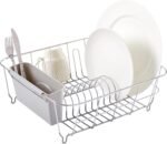 Dish Drying Rack & Cutlery Holder 2 Piece Set - Compact Sink-Fitting Dish Drainer with Rubberized Undercoating, Space-Saving Kitchen Organizer for Plates, Cups, Bowls & Utensils in Sink, Silver