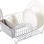 Dish Drying Rack & Cutlery Holder 2 Piece Set - Compact Sink-Fitting Dish Drainer with Rubberized Undercoating, Space-Saving Kitchen Organizer for Plates, Cups, Bowls & Utensils in Sink, Silver