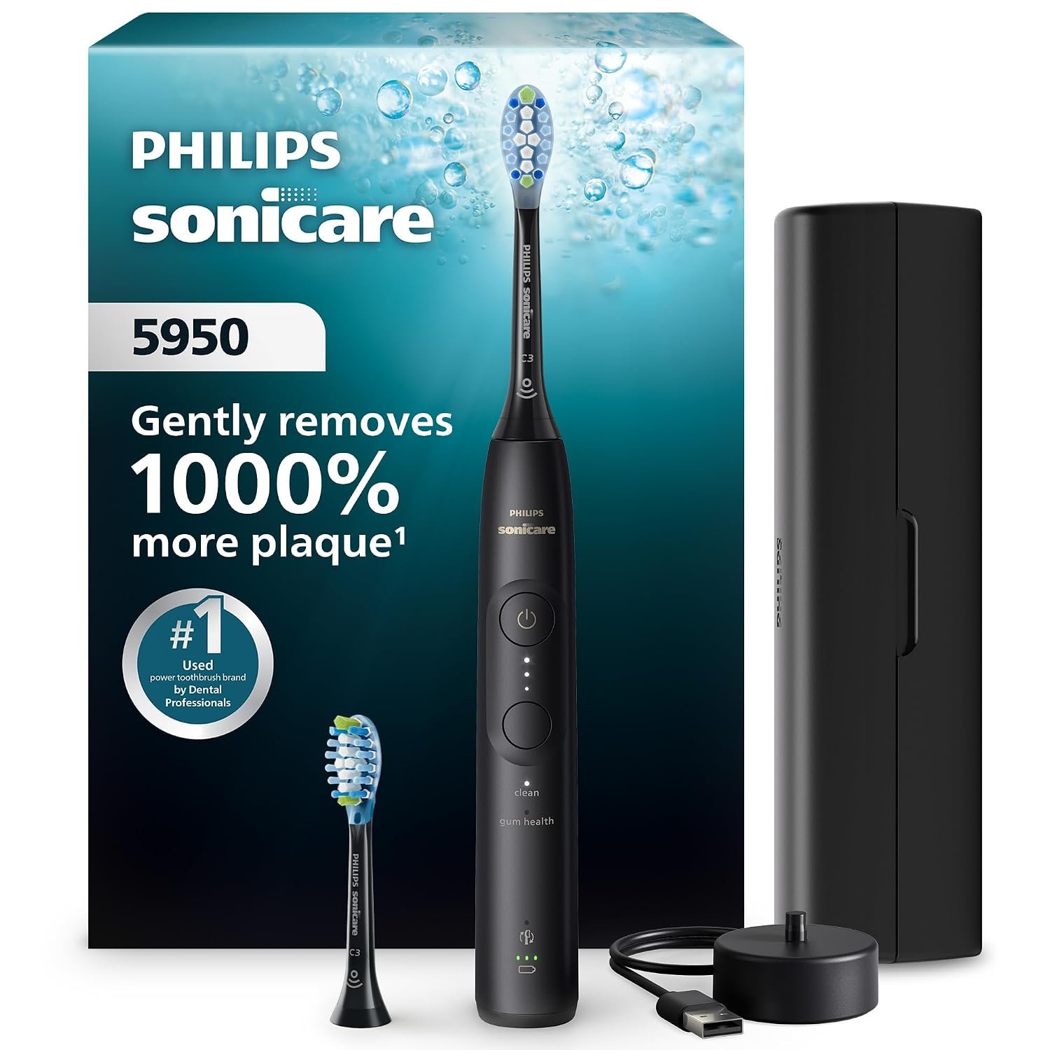 71nXbS3smzL._SL1500_ Philips Sonicare 5950 Rechargeable Electric Toothbrush, 2 Brush Head, Black - Image 1