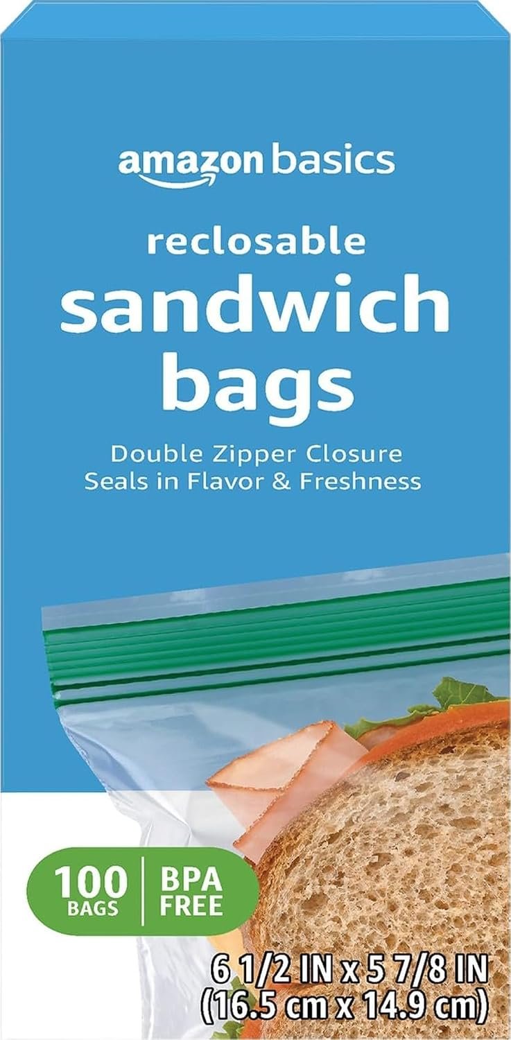 71ncxmA43BL._AC_SL1500_ Amazon Basics Reclosable Double Zipper Sandwich Storage Bags for Food Storage, BPA Free, 100 Count - Image 1