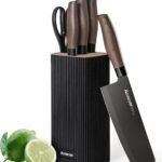 Astercook Knife Set, 6-Piece Kitchen Knife Set with Block, High Carbon Stainless Steel Ultra Sharp Kitchen Knives, Wood Grain Handle, Dishwasher Safe Knife Block Set, Black, Kitchen Utility Knives