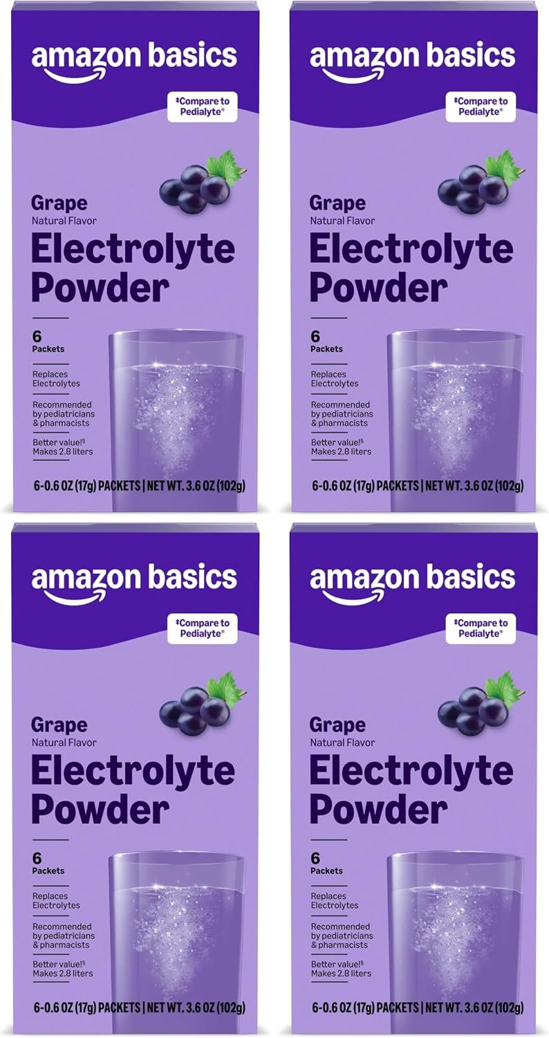 71qxZi5jLeL._AC_SL1500_ Amazon Basic Care Electrolyte Powder Packets for Rehydration for Kids & Adults, Grape Flavor, 6 Count (Pack of 4) - Image 1