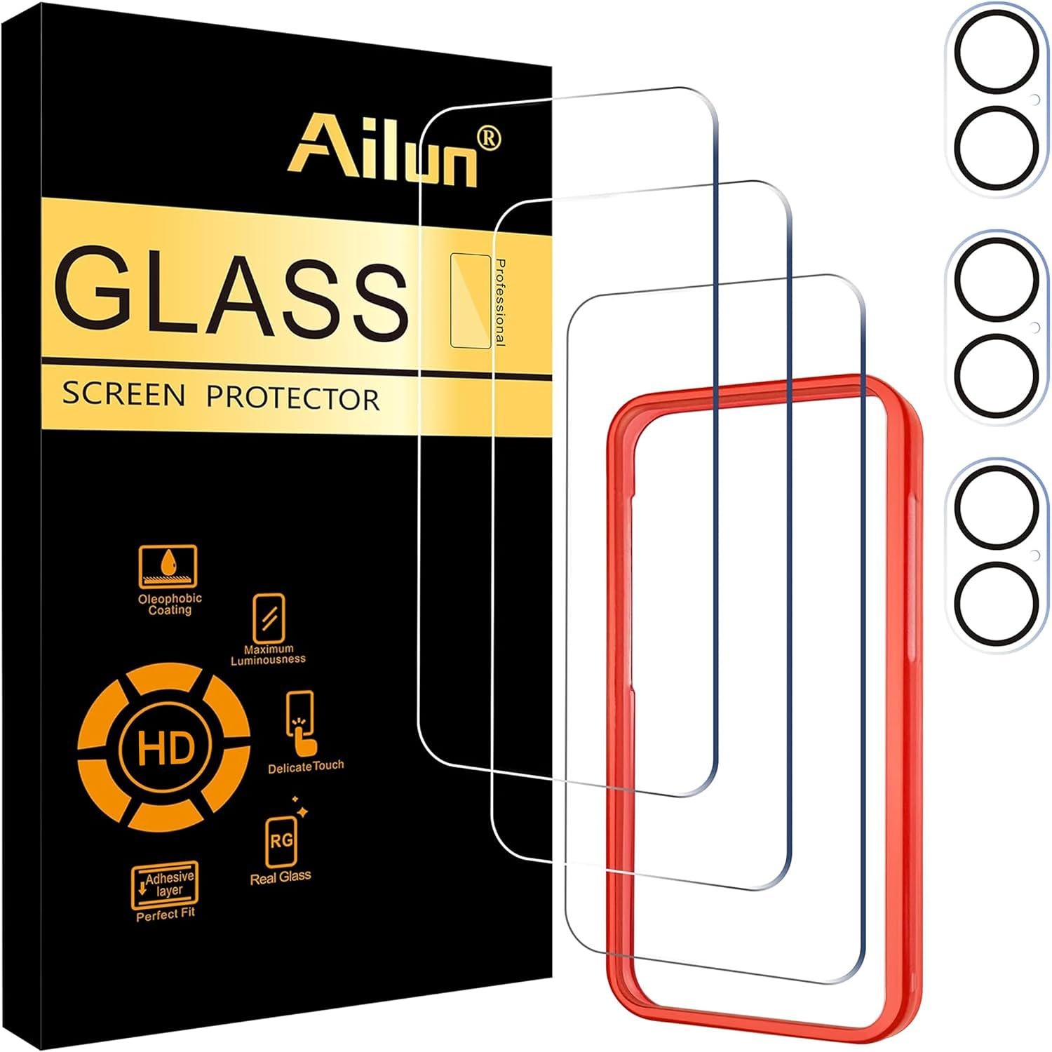 71uJfAYEWdL._AC_SL1500_ Ailun Screen Protector + Camera Lens Protector for iPhone 16, 3+3 Pack - Image 1