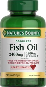 Nature's Bounty Odorless Fish Oil, 1200mg Omega-3 per Serving Including EPA & DHA, Supports Heart Health, Purified to Eliminate Mercury, Coated Softgels, Gluten Free, No Shellfish, 90 Ct