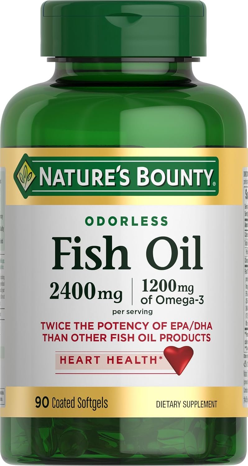 71ugCzv2yBL._AC_SL1500_ Nature's Bounty Odorless Fish Oil, 1200mg Omega-3 per Serving Including EPA & DHA, Supports Heart Health, Purified to Eliminate Mercury, Coated Softgels, Gluten Free, No Shellfish, 90 Ct - Image 1