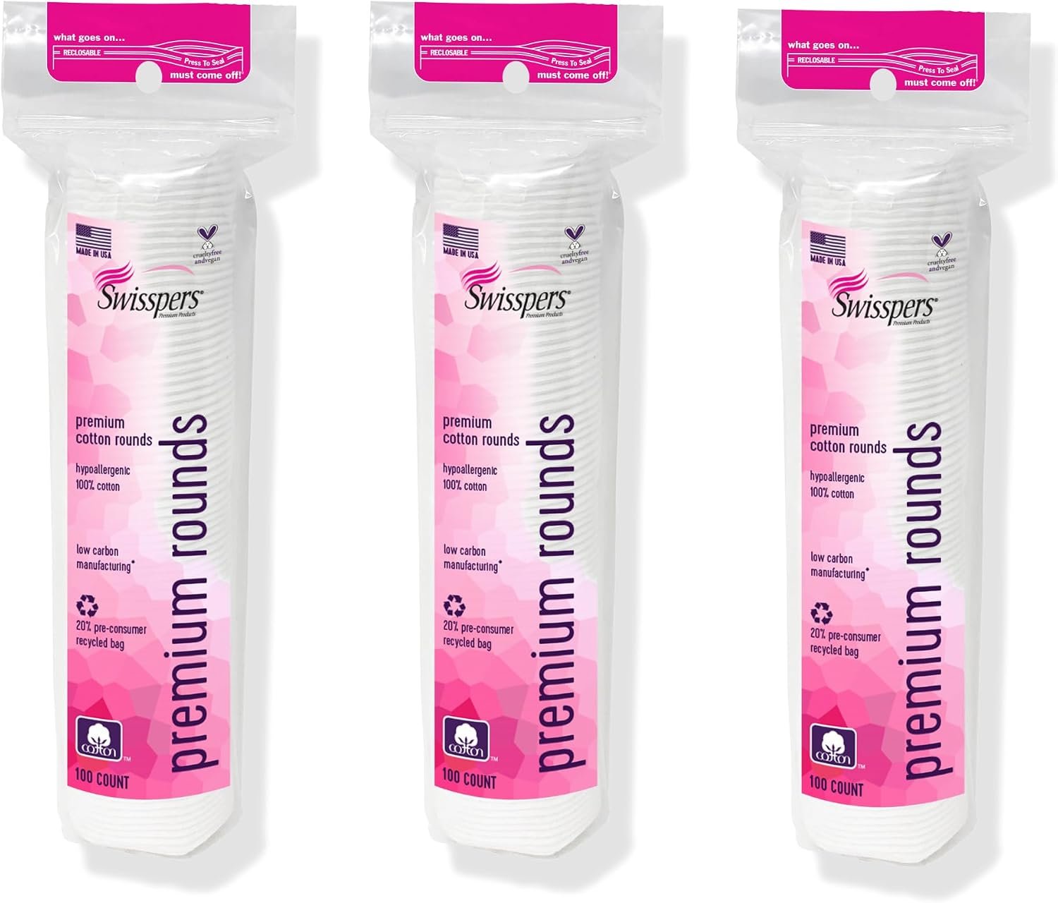 71x8BiNJlqL._AC_SL1500_ Swisspers Premium Cotton Rounds, Dual-Sided, 100 Count (Pack of 3) - Image 1