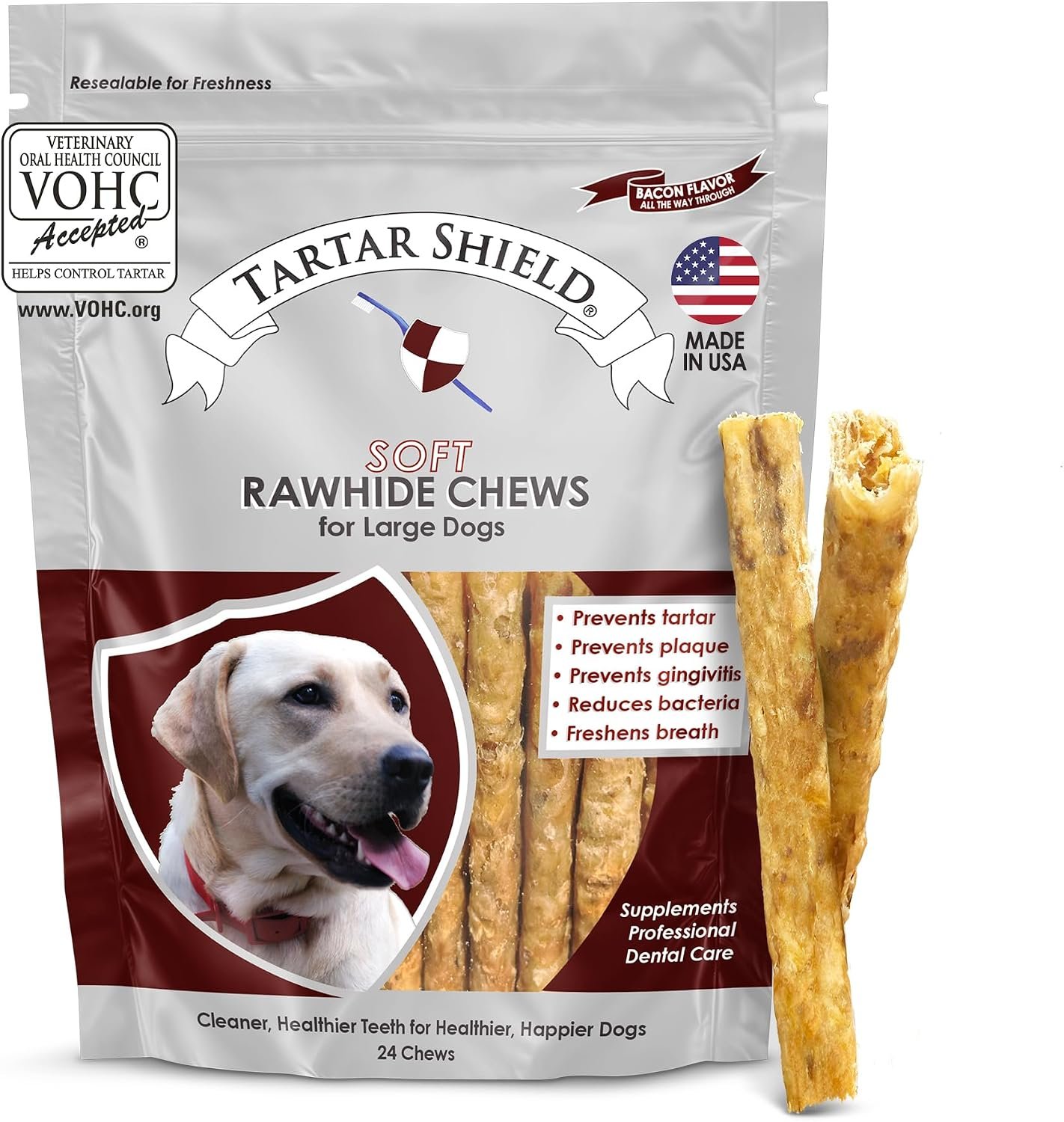 71xZBBfe4yL._AC_SL1500_ Tartar Shield® Soft Rawhide Dental Chews, Large Dogs, VOHC Accepted, 24 ct - Image 1