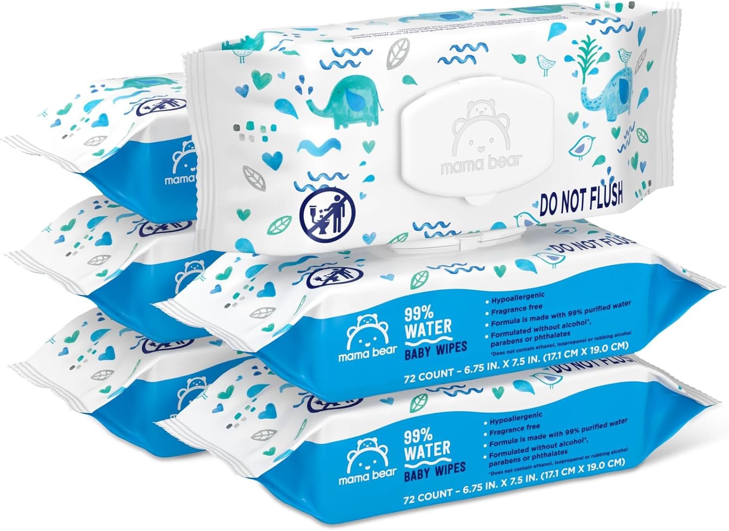 71xt0xLpGLL._AC_SL1500_ Amazon Brand - Mama Bear 99% Water Baby Wipes, Hypoallergenic, Fragrance Free,72 Count (Pack of 6) - Image 1