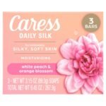Caress Daily Silk Cleansing Bar – Moisturizing Body Soap for Soft, Silky Skin with Monoi, Tuberose & Coconut Fragrance – 3.15 oz, 3 Bars