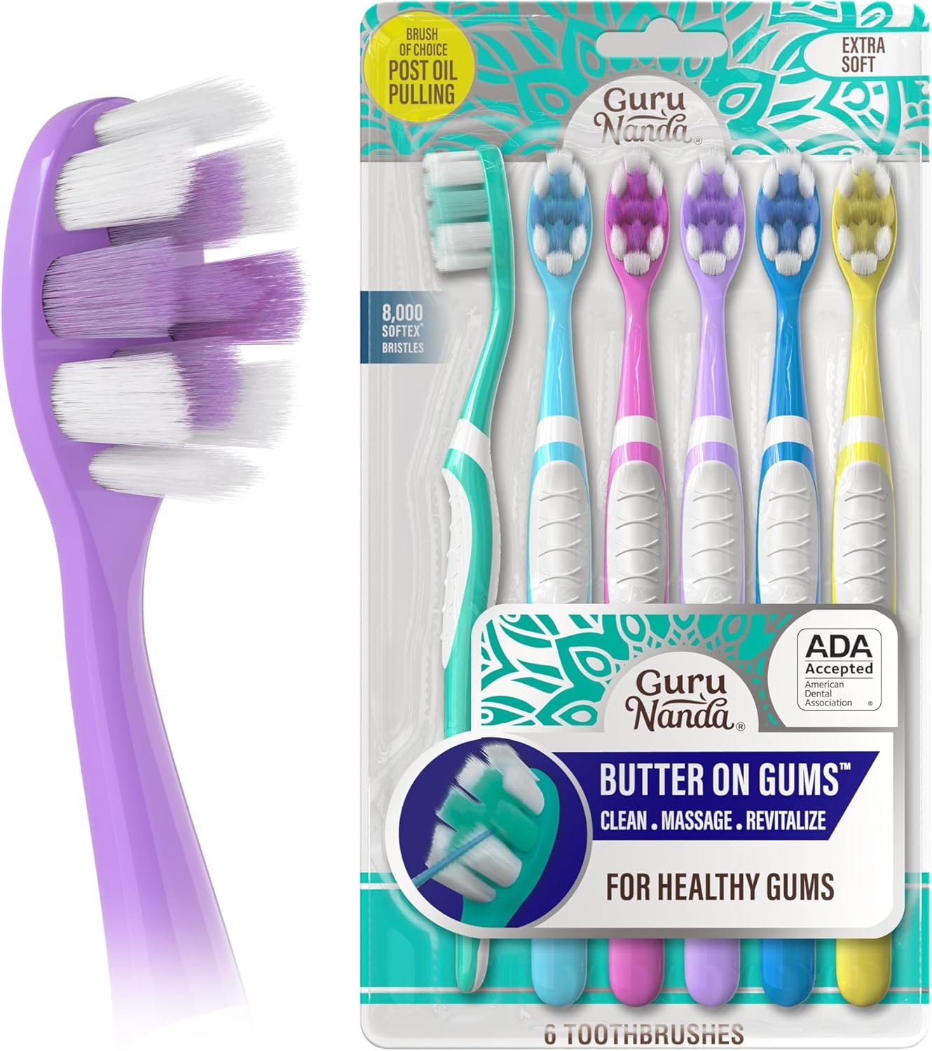 810lGTtTF-L._AC_SL1500_ GuruNanda Butter On Gums Toothbrush, ADA Accepted Manual Toothbrushes with 8000+ Ultra Soft Softex Bristles for Sensitive & Receding Gums, Perfect for Whiter Teeth, Assorted Colors, 6 Ct - Image 1