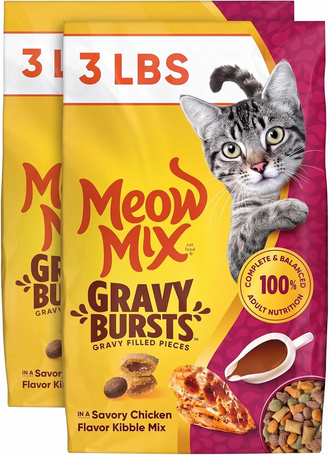 812kbrg1ZTL._AC_SL1500_ Meow Mix Gravy Bursts, Savory Chicken Flavor Mix, Gravy Filled Dry Cat Food, 3 lb. Bag (Pack of 2) - Image 1