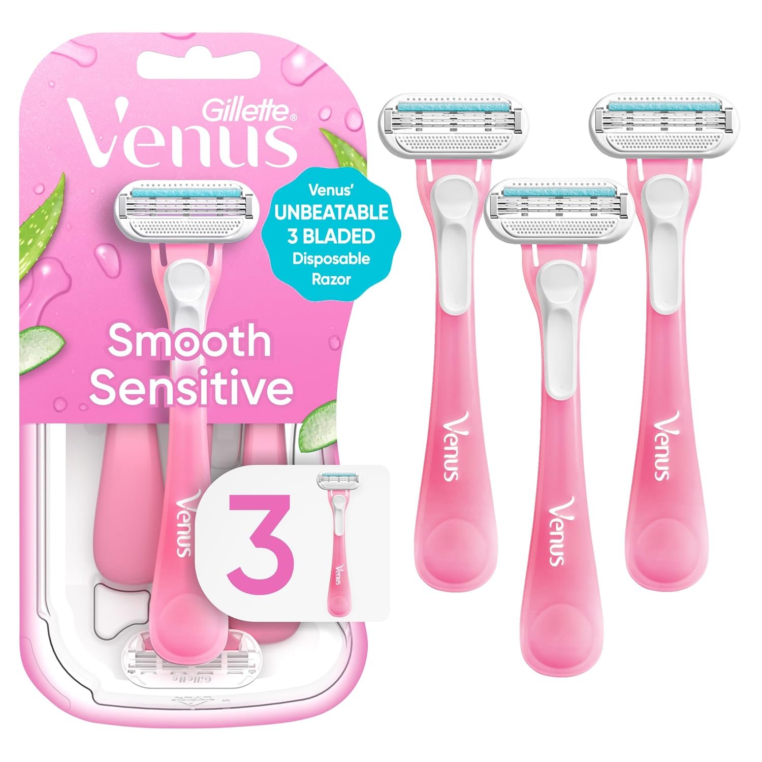 8147TWDgS5L._SL1500_ Gillette Venus Sensitive Women's Disposable Razors - Single Package of 3 Razors - Image 1