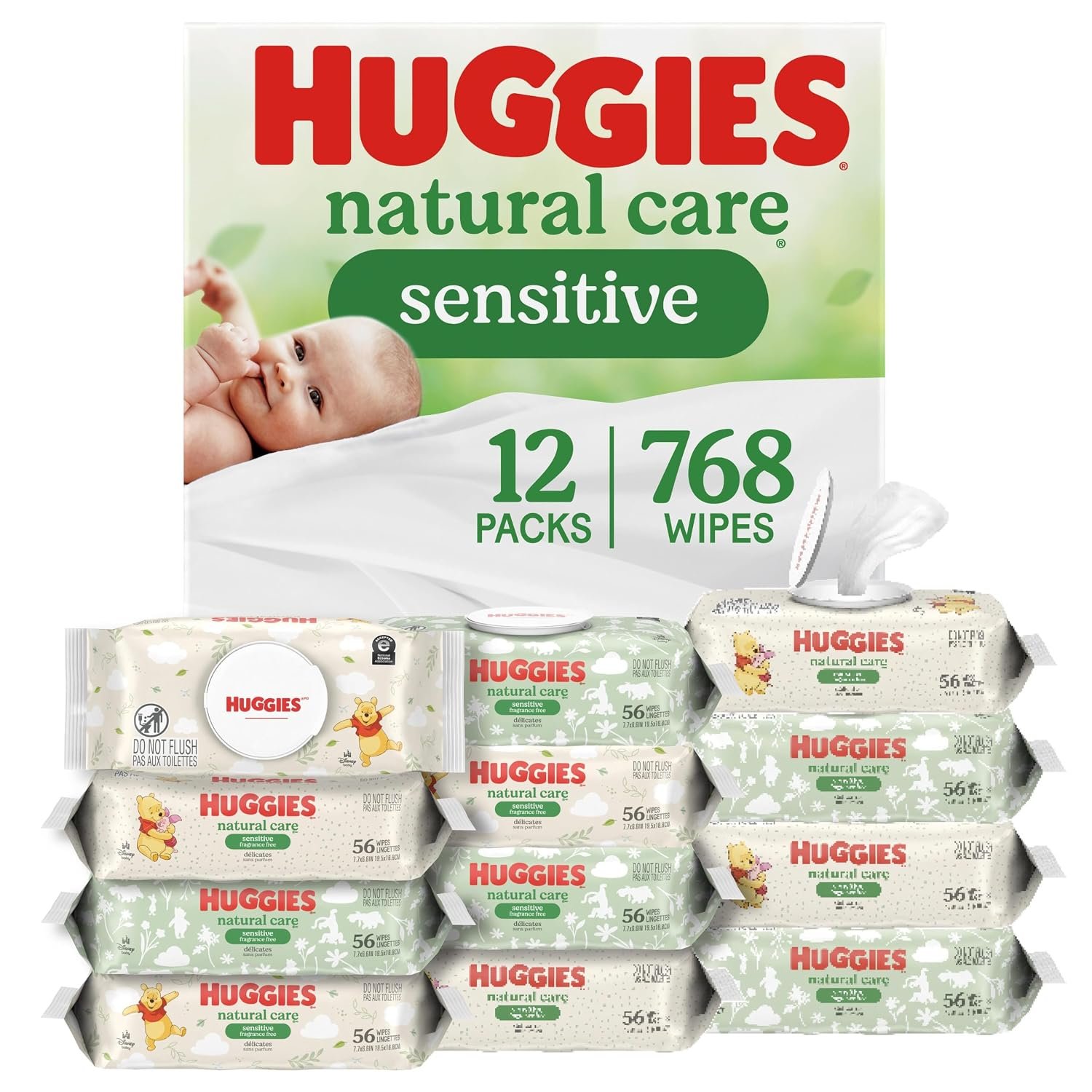 81592tdPlL._SL1500_-3 Huggies Natural Care Sensitive Baby Wipes, Unscented, Hypoallergenic, 99% Purified Water, 12 Flip-Top Packs (768 Wipes Total), Packaging May Vary - Image 1