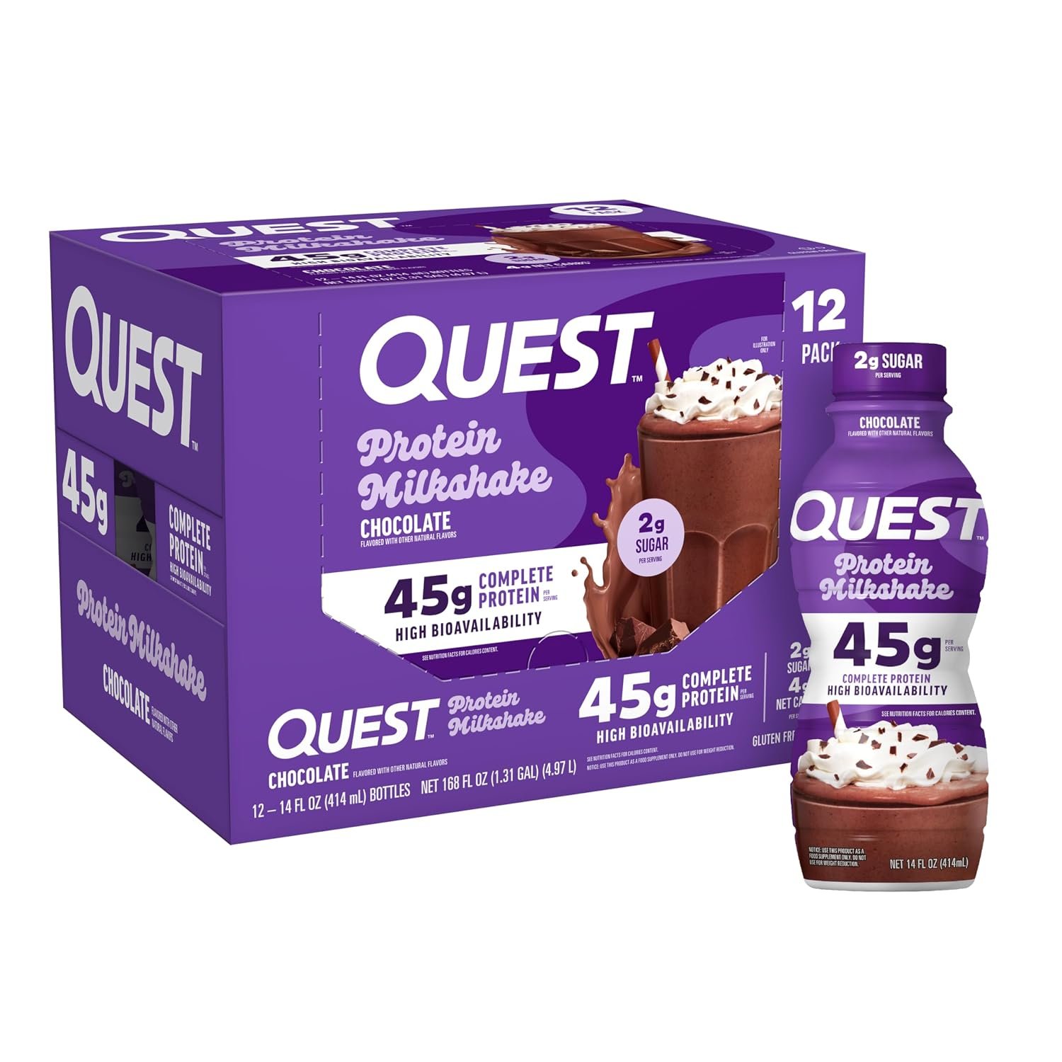 81AfQqPDUXL._SL1500_ Quest Nutrition Chocolate Protein Shake, 45g Protein, 2g Sugar, 4g Net Carbs, Ready to Drink, Gluten Free, 12 Count - Image 1