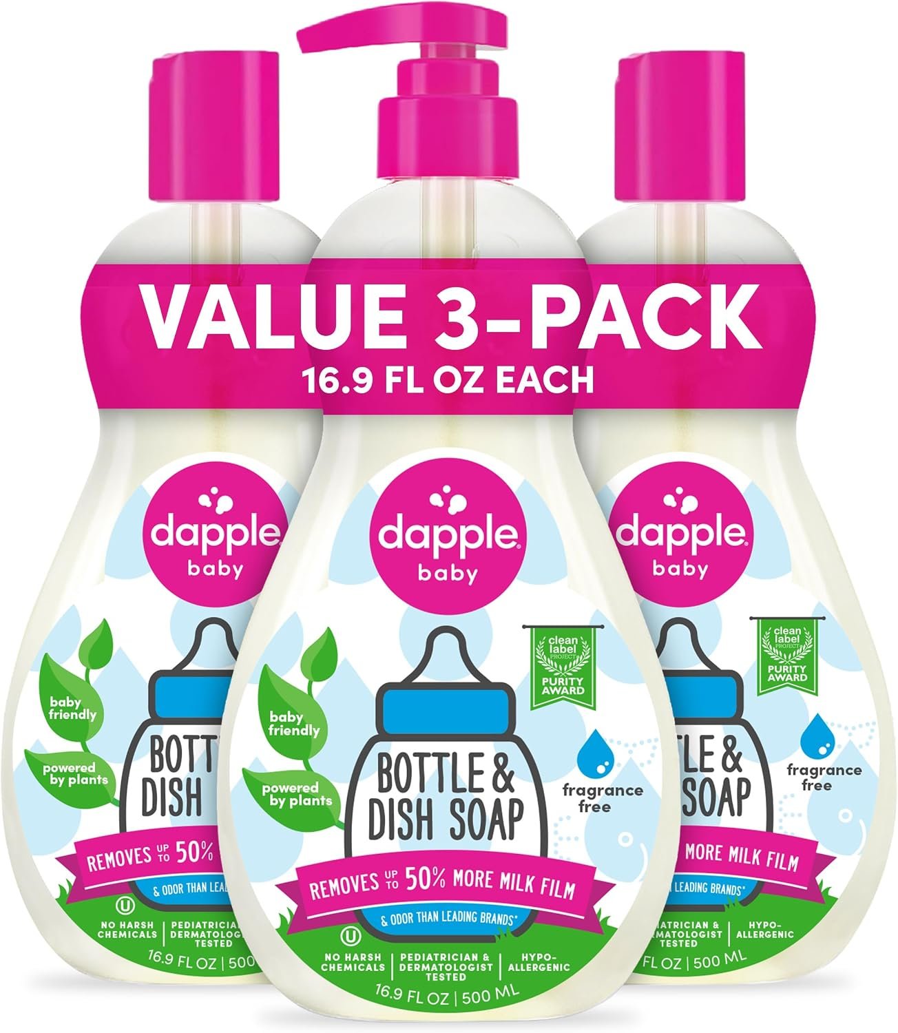 81BzOSL4YL._AC_SL1500_ Dapple Baby - Fragrance Free Bottle & Dish Soap - 16.9 fl oz (3 Pack) - Image 1