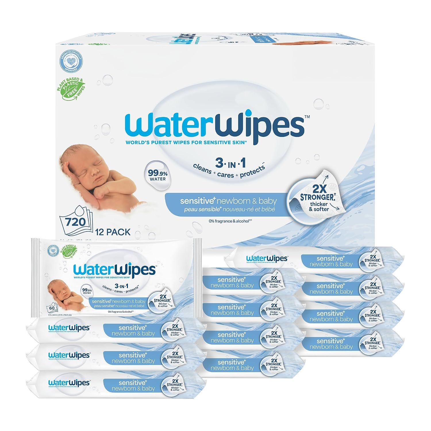81EYxqEoN0L._SL1500_ WaterWipes Sensitive+ Newborn & Baby Wipes, 3-In-1 Cleans, Cares, Protects, 99.9% Water, Unscented & Hypoallergenic, 720 Count (12 Packs) - Image 1